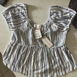 Pink Rose Navy and White Textured Peasant Style Top